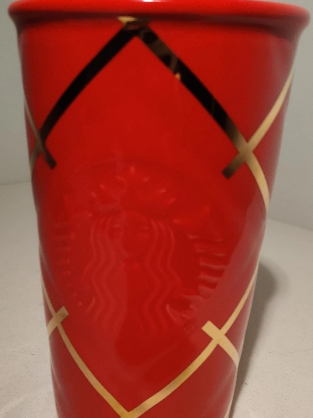 Starbucks Red Ceramic Tumbler with Gold Lattice...
